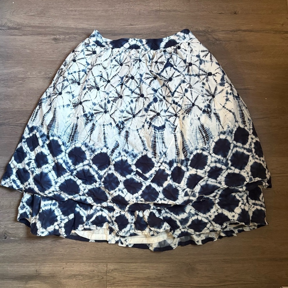 Thakoon Collective Full Tiered Zip Layered Skirt | Navy Blue White | Tie Dye | S
